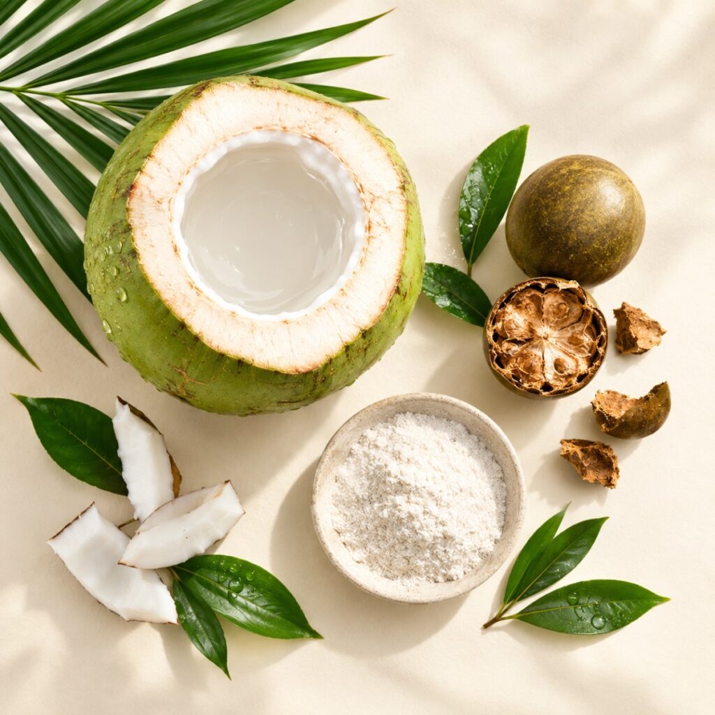 Flat-lay of coconut, prebiotic fiber, monk fruit and botanicals